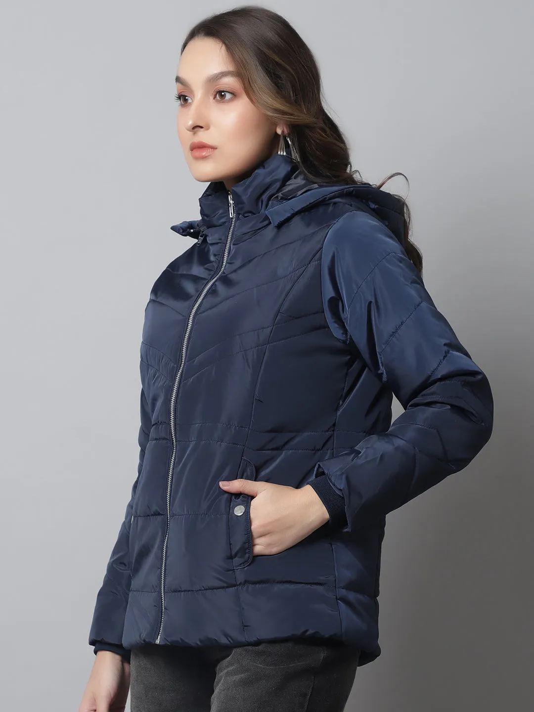 Women's Casual  Navy Blue Quilted Detachable Hood Jacket