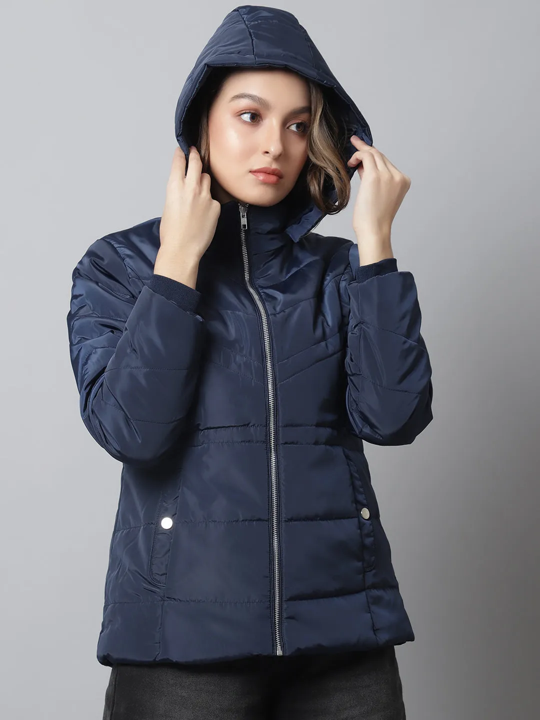 Women's Casual  Navy Blue Quilted Detachable Hood Jacket