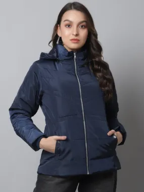 Women's Casual  Navy Blue Quilted Detachable Hood Jacket