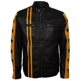 Yellow Stripe Black Star Leather Jacket