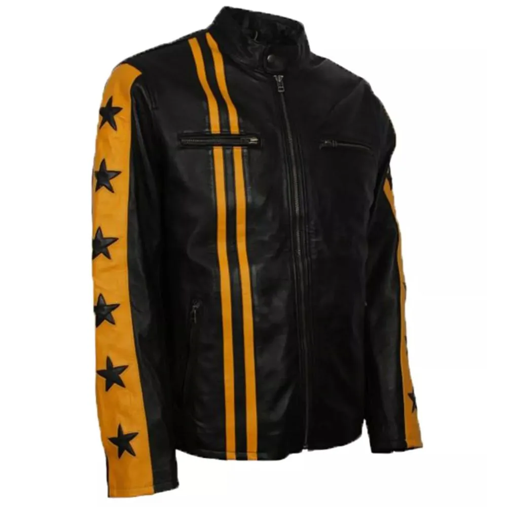 Yellow Stripe Black Star Leather Jacket