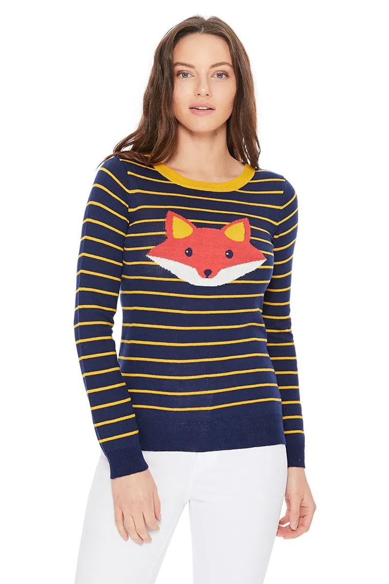 YEMAK Women's Adorable Fox Face Round Neck Stripe Patterned Long Sleeve Pullover Sweater MK3279